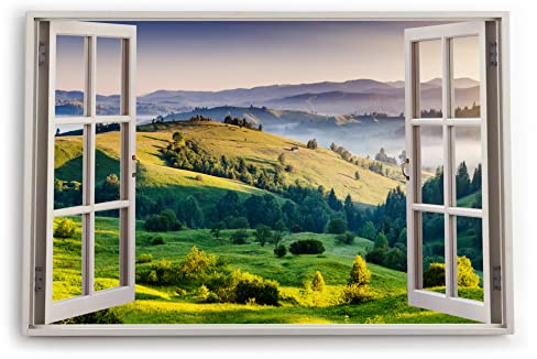 Paul Sinus Bilder Fensterblick 120x80cm Berge Hügel Wiese Landschaft Grün Nebel Morgentau Kunstdruck Wanddeko Wand Wohnzimmer
