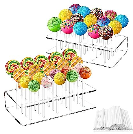 Cake Pop Stand, 2PCS 20 Holes Acrylic Lollipop Holder Display Stand with 100Pcs Paper Sticks, Transparent Cake pop Holder for Wedding Baby Shower Birthday Party Halloween Christmas Thanksgiving