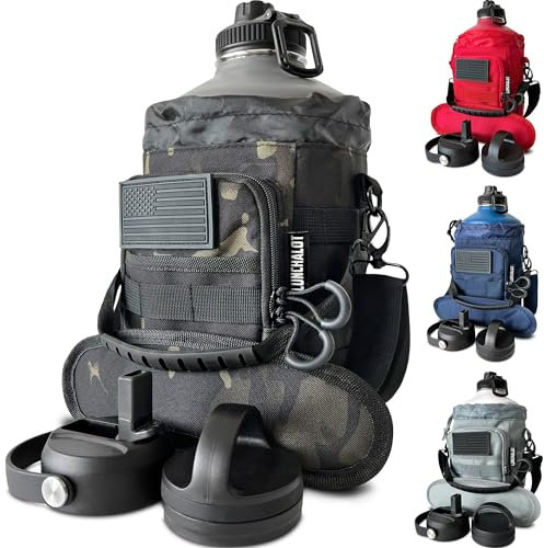 LUNCHALOT Botella de agua de 1 galón aislada – Jarra de agua de metal de acero inoxidable de 128 onzas con soporte, bolsa de transporte, asa de boquilla, tapas de popote, mantiene frío y caliente,