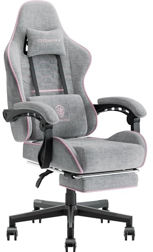 Dowinx Gamingstol, kontorsstol med fjädrad sits och ficka, masserande och ergonomisk stol med nackstöd och fotstöd (svart och grå)