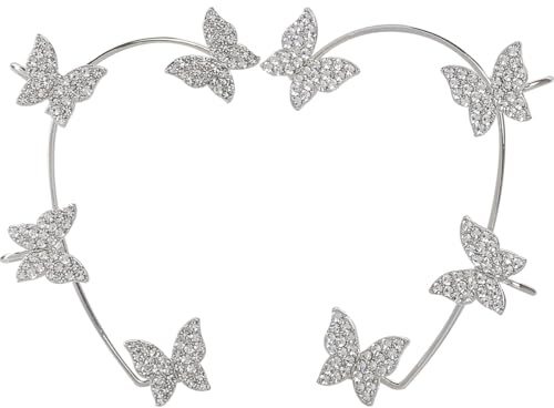 Butterfly Ear Wrap Earrings - 2Pcs Silver Adjustable Vintage Ear Cuff Earrings with Rhinestone No Piercing Ear Clip for Women Girls