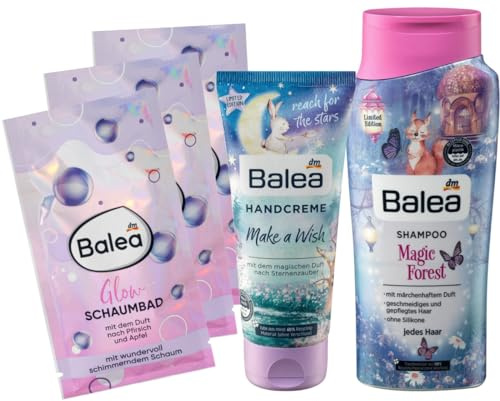 Balea 5er-Set Haut- und Haarpflege: Schaumbad GLOW mit Duft nach Apfel Pfirsich, zaubert zart schimmernden Schaum (3 x 40 ml) + Handcreme MAKE A WISH (100 ml) + Shampoo MAGIC FOREST (300 ml), 520 ml