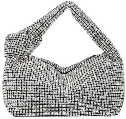 GSenhui Handtasche Damen Glitzer Tasche Abendtasche Clutch Silber Schultertasche mit Reißverschluss Strasssteine Silberne Tasche für Abschlussball Party