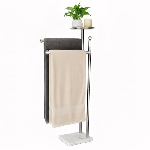 Songtec Bath Towel Rack Stand for Bathroom, 2-Tier Towel Holder Stand for Bath Towels Max to 68” & 60” Long, Practical Shelf on Top for Phone, Shampoo, Body Wash