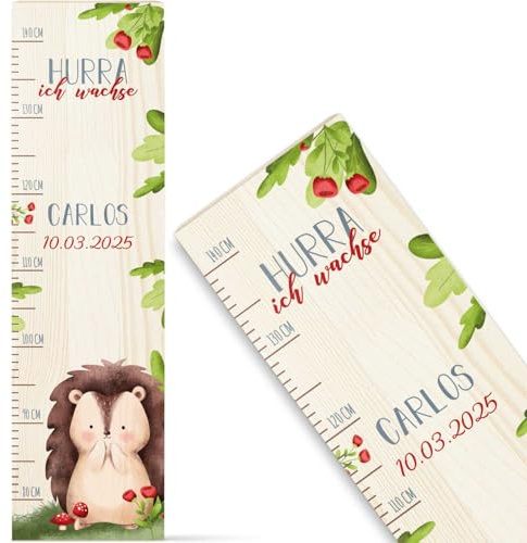 GRAVURZEILE Messlatte für Kinder aus Holz - Tiergruppe Wald - mit Namen für Kinderzimmer - Skala misst 80-140 cm - Größe 20 x 70 x 2 cm - Geschenk zur Geburt für Mädchen & Jungen - Igel
