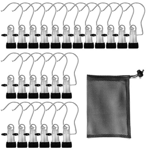 Littlegaofeithing 24Pcs Crochet à Linge Portable,Cintres Pinces Crochets avec Sac de Rangement,pour Pantalon Chaussures Serviette,Argent/Noir