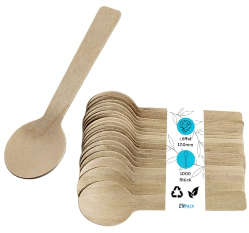 Enpack Holzlöffel 1000 Stück- Einwegbesteck Löffel 100mm - 100% umweltfreundliches Holzbesteck Einweg - Nachhaltige Einweg Löffel - Teelöffel Eislöffel Esslöffel Einmalbesteck - wooden spoon