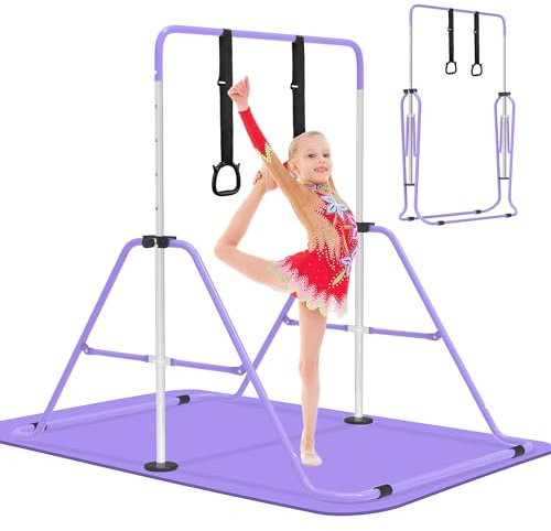 EVERYMILE Barres de gymnastique avec tapis, équipement de gymnastique pour la maison, barre horizontale pliable en hauteur réglable avec anneaux de gymnastique
