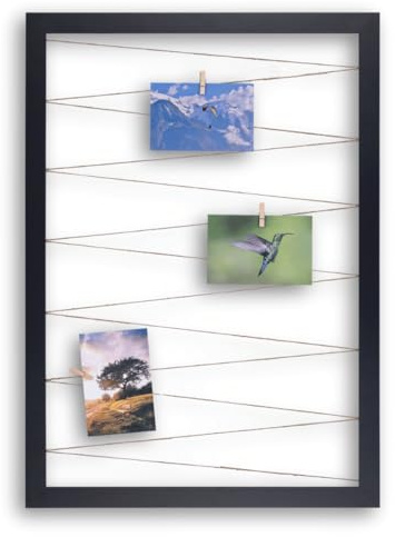 CLAMARO Photo Holder with String and 20 Wooden Pegs, Matt Black, 65 x 85 cm | MDF Frame 30 mm Wide, Fully Wrapped, Taut Jute String, Solid Wood Clips, Metal Hanger, For Photo Collage, Postcards