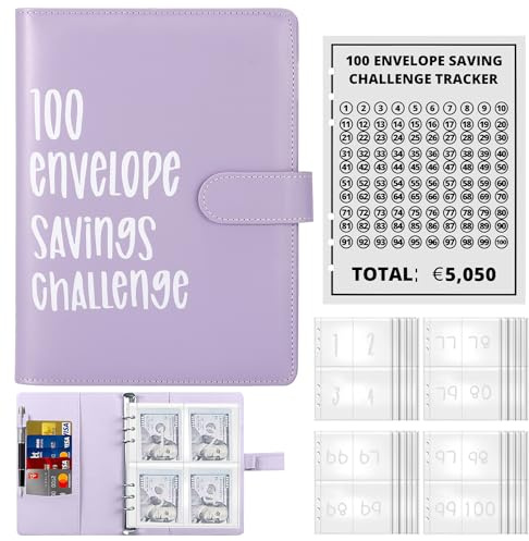 ALLOMN 100 Envelope Saving Challenge Euro, 100 Umschläge Spar Challenge Ordner Geldsparmappe A5 Geldsparbinder Budget Planner zu Sparen 5050EUR Budgetordner für Paare Büros Zuhause Schule (Violett)