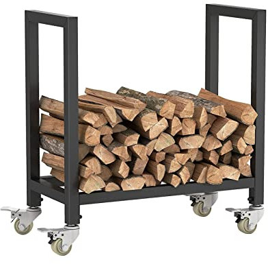 NSTVVEE Metal Firewood Rack Stand Log Holder With Wheel, Black, L25.6 x W11.8 x H26.7, Indoor/Outdoor Fireplace Firewood Cart Carrier