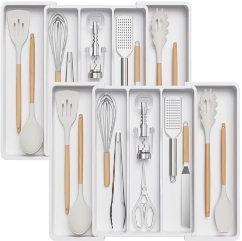 Lifewit Portaposate da Cassetto, Porta Utensili Espandibile da Cucina, Supporto Regolabile per Posate e Utensili da Cucina, Divisorio in Plastica per Utensili e Gadget da cucina, 2 pacchi, Bianco