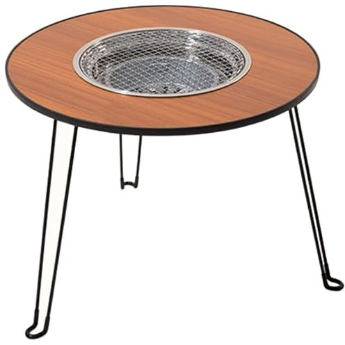 Parrilla redonda portátil para barbacoa, diseño plegable, mesa de 60 cm de ancho, parrilla de mesa de camping multifuncional, material compuesto de grano de madera