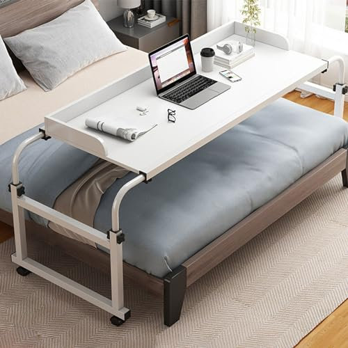 Höhenverstellbarer Betttisch mit Rädern für Zuhause und Krankenhaus, Steharbeitsplatz, Laptopwagen, mobiler Computertisch (weiß, 140 cm)