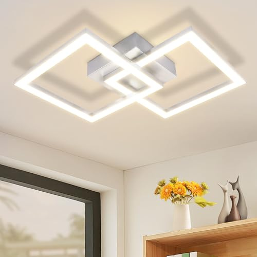ZMH LED Deckenleuchte Deckenlampe Wohnzimmer - 47CM Flurlampe Modernes Design Schlafzimmerlampe Küche 3000K Warmweiß Küchenlampe Silber 24W Eckig Flur Wohnzimmerlampe für Schlafzimmer Büro Gang