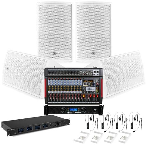 Professional PA System with 4x 8” White Installation Speakers, 8x Wireless Headset Microphones & Lapel Mics, 12-Channel Mixer with Bluetooth & DSP, 1000W Amplifier – Ideal for Theatre & Conferences