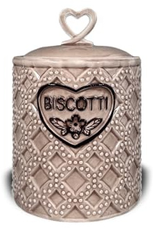 ARCA, Biscottiera Ermetica in Ceramica Lavorata, Barattolo Porta Biscotti con Pomello Ergonomico, Lavabile in Lavastoviglie, 17x18 cm, Fantasia Vintage, Colore Tortora
