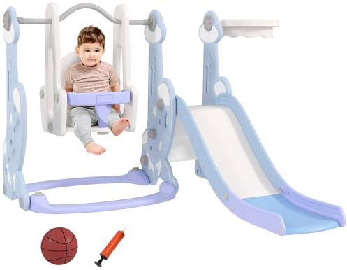 AIYAPLAY Scivolo per Bambini 4 in 1, Scivolo da Giardino Autoportante con Altalena, Scaletta da Arrampicata e Cestino da Basket, Set Parco Giochi per Interni ed Esterni, Cameretta, 18-48 Mesi, Azzurro