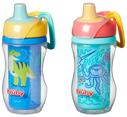 Nuby Insulated Sipper Cup Toddler Water Bottle, 2-Pack, 270ml, 12M+, Dino | Spill-Proof Toddler Beaker with Insulated Design, Removable Valve and Silicone Spout for Easy Transition
