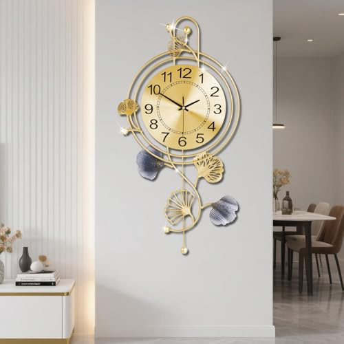 Elegant Metal Wall Clock with Pendulum and Gold and Gray Leaves, Modern Non-Walking Silent Metal Wall Clock for Living Room, Bedroom, Study, Office