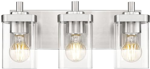 METWET Bathroom Light Fixtures, 3-Light Vanity Light with Square Clear Glass Shade, Brushed Nickel Modern Wall Sconces, Vanity Lighting Fixtures Over Mirror, VL194-BN-3