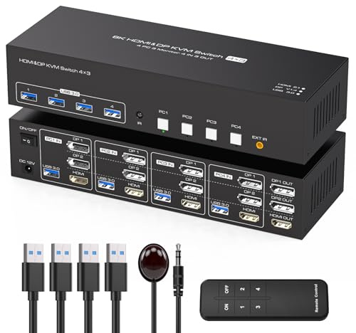 TJCXELE KVM-Switch, 8K60Hz, 2Displayport + HDMI, 3 Monitore, 4 Computer, USB 3.0, Dreifach-Monitor-KVM-Switches DP1.4 + HDMI2.1, teilen Sie dreifache Monitore und 4 USB-Geräte mit Fernbedienung und