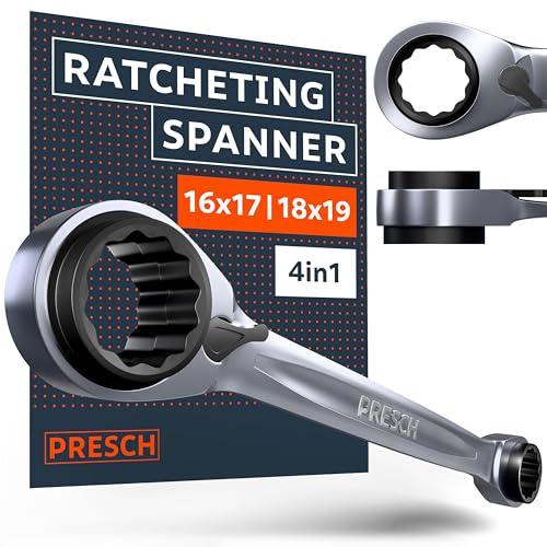PRESCH Double Ratchet Spanner 4-in-1 (16mm/17mm & 18mm/19mm) - Reversible Ratchet Function - with 90 Teeth & 4° Return Angle - 4 Sizes in one Ring Spanner