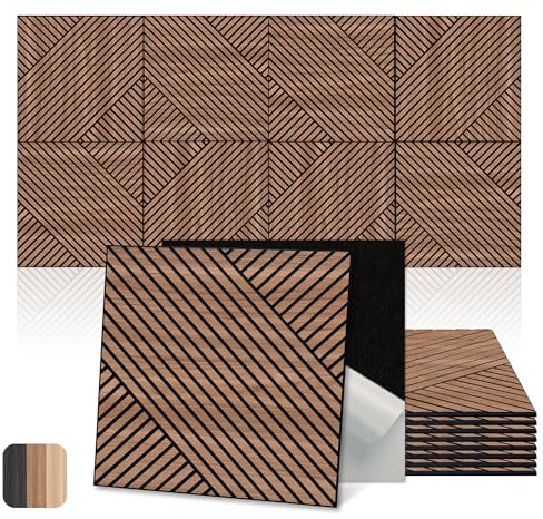 Mollywell Art Acoustic Wall Panels, 60x60 cm 8 Pack, Wood Veneer, Sound Absorbing Self-Adhesive Wall Decor, Staggered Melodies, Walnut, for Home & Studio