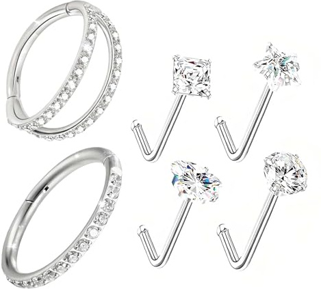 xwnyzw 8 Pcs Set Silver Nose Studs and Double Nose Rings, Conch Hoop Piercing Jewellery Helix Hoop, Stainless Steel Corkscrew NosePiercings with Small Size for Daily Wear Party Dating Accessories
