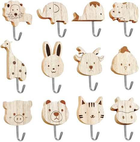 12PCS Wall Wooden Hooks for Hanging Self Adhesive Kids Coat Hooks Wooden