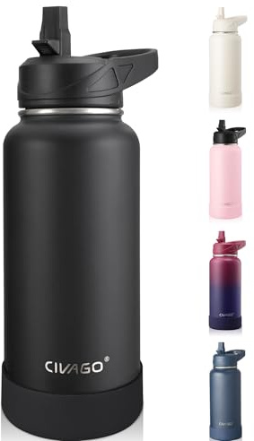 CIVAGO Insulated Stainless Steel Water Bottle with Straw, 950ml Metal Sports Drink Bottle with Handle, Large Travel Thermal Flask Cup for Gym and Hiking, Black