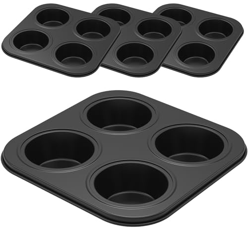 YUNYOUC 4 Pack Muffin Pan for Baking, Nonstick 4 Cup Muffin Tray, Carbon Steel Cupcake Baking Pan, Premium Bakeware for Cupcake Tart Mini Cheesecake(Black)