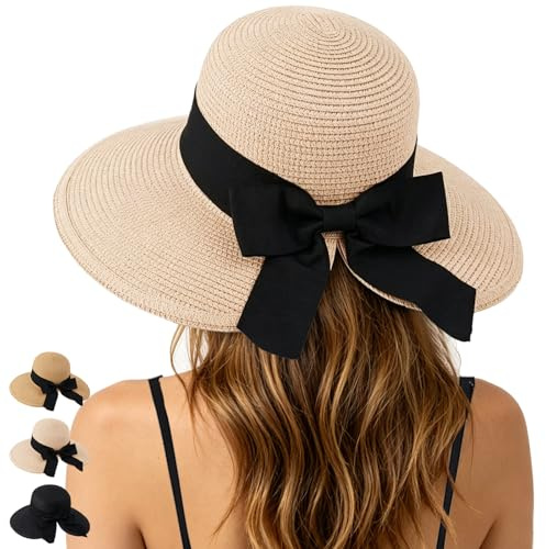 WENAUANG Chapeau de soleil à large bord pour femme - Chapeau de soleil pour femme - Avec nœud papillon - Pour l'été - Pour les voyages, les vacances et les activités de plein air