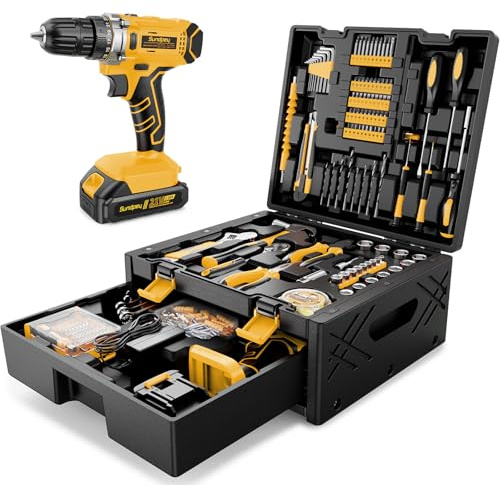 Caja de Herramientas 267 Piezas con Taladro Inalámbrico 21V, Taladro Atornillador y Batería 2.0 Ah, Juego Herramientas Eléctricas y Manuales para Bricolaje en Hogar, Maletín Organizador con Cajones