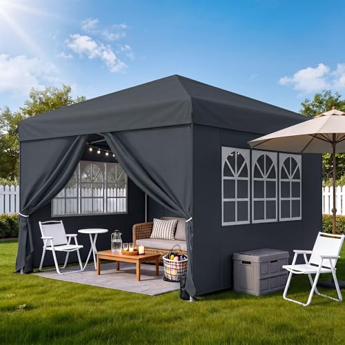 DWVO 3x3m Pop-Up Pavillon,Faltpavillon Anti-UV 50+ für Camping Markt Grau | Wasserdicht mit 4 Seitenteilen Rolltasche,Höheverstellbar 250 bis 270cm