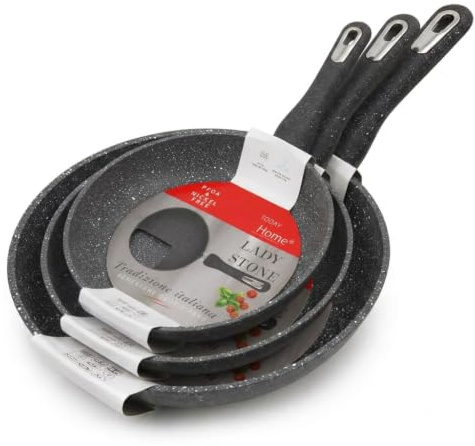 Today Home, Lady stone, Tris Padelle 20cm+24cm+28cm, Rivestimento Antiaderente PFOA Free,Adatta a Tutti i Piani e Induzione,Manico Ergonomico,Fondo Full Induction,Colore Grigio Granito