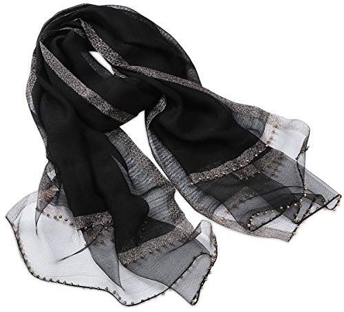 LumiSyne Printemps Nouveau Style Foulards En Soie De Mousseline Femme Écharpe De Couleur Unie Élégante Soie Avec Tulle Décoration Perlée Etoles Longue Châle De Protection Solaire