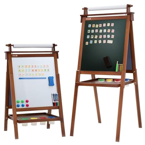 Dripex Chevalet d'art pour Enfants avec Rouleau de Papier Tableau Double Face et Tableau magnétique pour Peinture Enfants (Couleur Noyer)