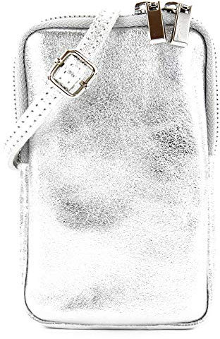 modamoda de T197 Damen Leder Handytasche 6,7 Zoll Umhängetasche handmade in Italy, Farbe:Silber-Metallic