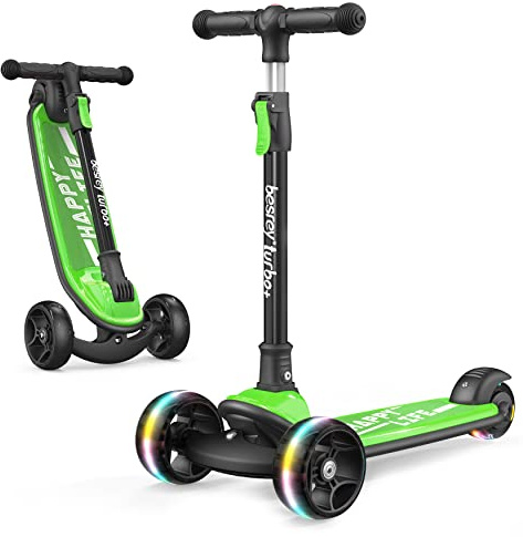 besrey Kids Scooter - Big Wheels Foldable Kick Scooter with Flashing LED Lights for Boys Girls, 4 Levels Height Adjustable, 3 Wheel Scooter for Kids Ages 3-10 with Safe Lean to Steer Design