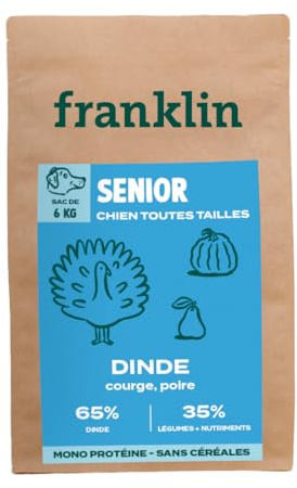 Franklin – Croquettes pour Chien Senior – Gamme Protéinée – avec 65% Dinde – sans céréales – Mono-protéine – Taille 13mm– 6 kg