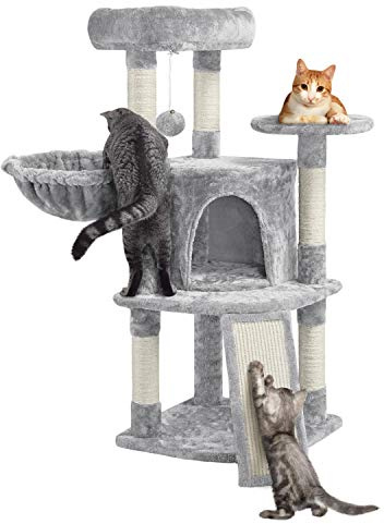 costoffs 107cm Multi-Level Cat Tree, Light Grey | Plush Perches, Sisal Scratching Posts and Ladder, Cozy Napping Basket, for Indoor Cats
