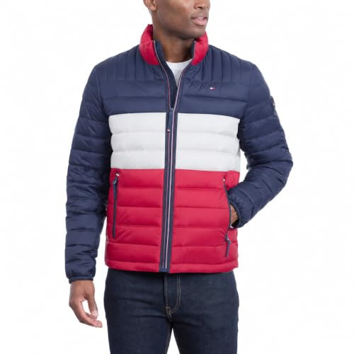 Tommy Hilfiger Veste matelassée compacte Ultra Loft Manteau Alternatif en Duvet, Bleu Nuit/Blanc/Rouge avec écusson, X-Large Haut Homme