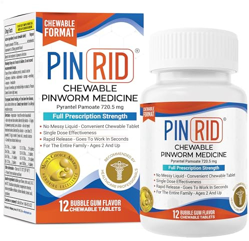 PIN RID - Pinworm Medicine for Family 2+, Bubble Gum Chewable Tablets (12 Doses) - 250mg Pyrantel Pamoate - Single-Dose Parasite Cleanse for Humans - Allergen Free