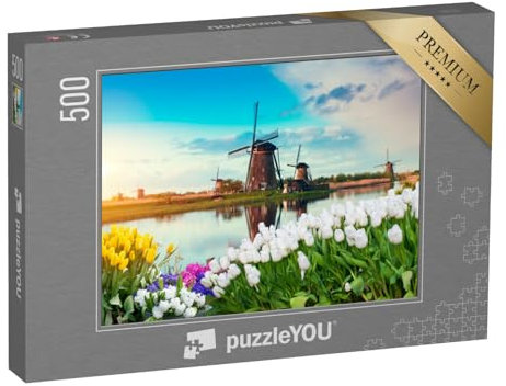 puzzleYOU: Puzzle 500 Teile „Traditionelles Bild von Windmühlen und Tulpen, Niederlande“ – aus der Puzzle-Kollektion Holland