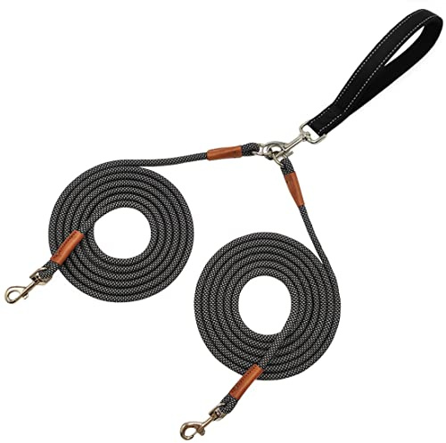 JDIDNEID 8 FT Double Dog Leash, 2 Way Mulitiple Dog Leash Detachable No Tangle with Soft Padded Handle, 1/4 Rope Dual Lead for 2 Dogs Outdoor Walking (Black Grey)