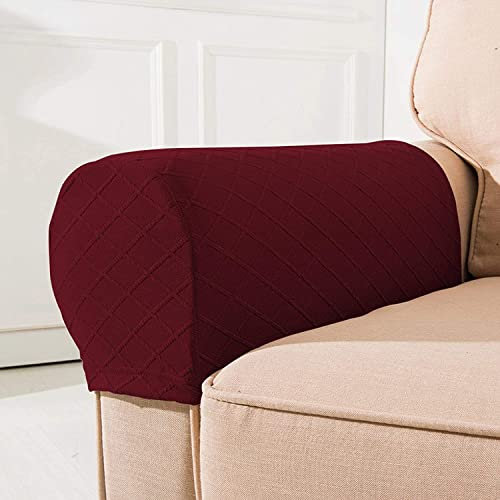 NEKOSUKI Arm Rest Covers, Set of 2 Stretch Diamond Pattern Armchair Couch Stretch Armrest Chair Covers for Furniture, Anti-Slip Sofa Chair Arm Caps Spandex Polyester Slipcovers, Wine Red
