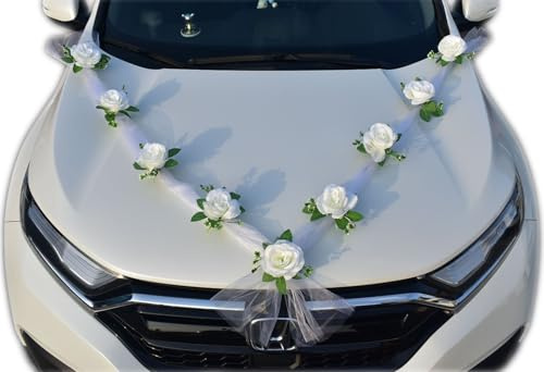 Premium Autoschmuck Hochzeit Motorhaube Braut Paar，Weiß Rose Dekoration,Auto Schmuck Hochzeit mit Saugnäpfen und Gaze, Car Auto Wedding Deko, Rosen Girlande Autodeko