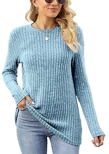 Famulily Women's Long Sleeve Tops Casual Round Neck Ladies Lightweight Knit Jumpers