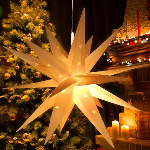 Leuchtstern 3D Weihnachtsstern Beleuchtet, 35cm LED Weihnachtsstern mit Timer für innen und Außen, 3D Außenstern Weiß Weihnachtssterne Beleuchteter, Faltstern für Fensterstern Deko Weihnachtsdeko (B)